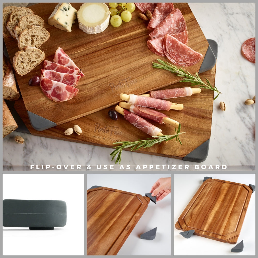 Portofino Acacia Wood Cutting Board / 2-in-1 Reversible Serving Board / Cheese Board / Anti-Slip Non-Marking Silicone Corners / 15.75 L x 10.5 W x