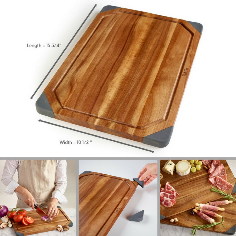 Portofino Acacia Wood Cutting Board / 2-in-1 Reversible Serving Board / Cheese Board / Anti-Slip Non-Marking Silicone Corners / 15.75 L x 10.5 W x